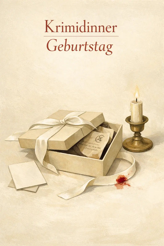 Krimidinner Geburtstag – geöffnete Geschenkbox mit mysteriösem Brief und Kerze im Stil von Muscheln, Leiche und Champagner