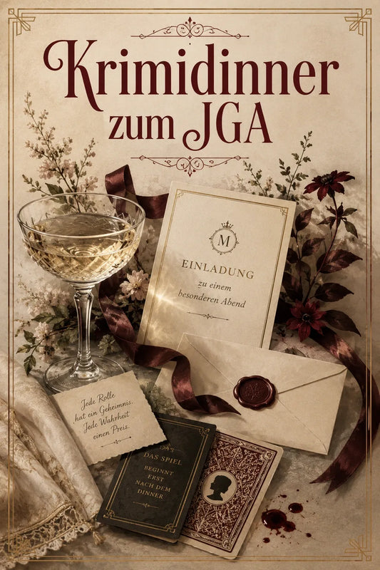 Krimidinner zum Junggesellenabschied – elegante Einladung mit Wachssiegel, Champagnerkelch und Spielkarten im Art-Deco-Stil