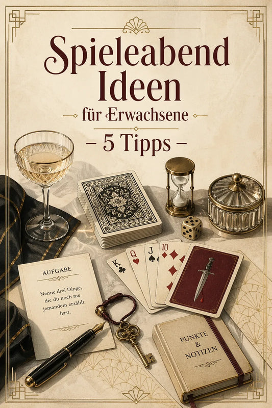 Spieleabend Ideen für Erwachsene: Art-Deco-Stillleben mit Champagnerglas, Spielkarten, Dolch-Karte, Sanduhr und Würfel in Creme und Gold.